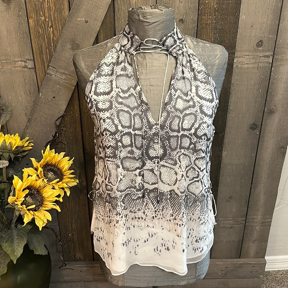 Haute Hippie 100% Silk Snake Print Lace up Mock Neck Sleeveless Blouse Top